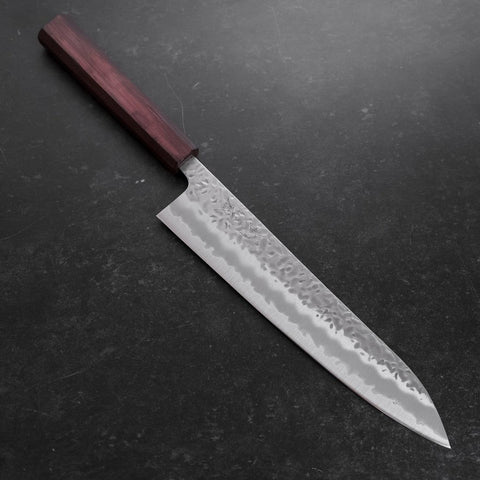 Gyuto White Steel #1 Stainless Clad Tsuchime Purple Urushi Handle 240mm-[Musashi]-[Japanese-Kitchen-Knives]