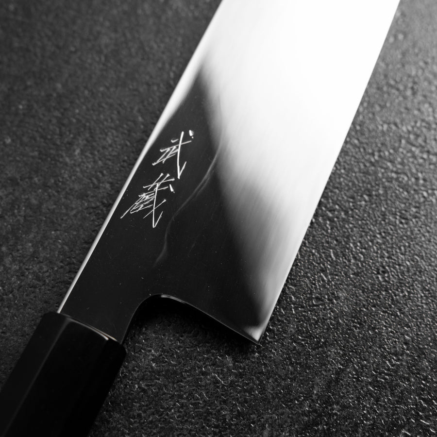 Gyuto White Steel #1 Espejo Luna-Fuji Water Honyaki Mango de Ébano con Cuerno de Búfalo con Funda 240mm