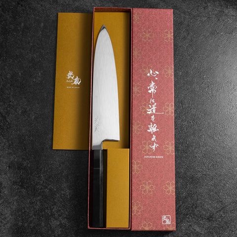Gyuto White Steel #1 Espejo Luna-Fuji Water Honyaki Mango de Ébano con Cuerno de Búfalo con Funda 240mm