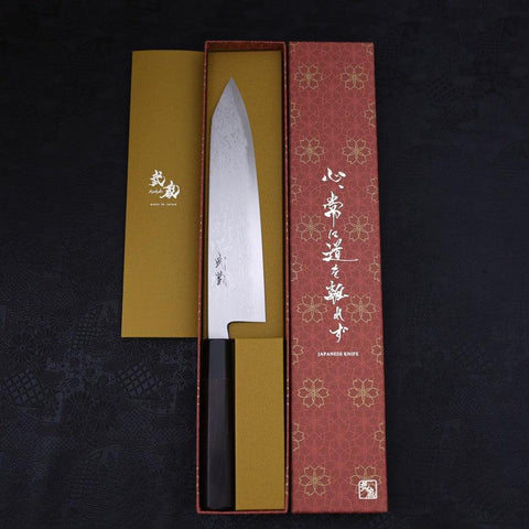 Kiritsuke Blue Steel #2 Suminagashi Mango de Ébano con Cuerno de Búfalo 240 mm