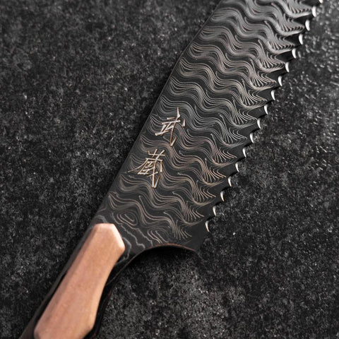 Kiritsuke Bread knife VG-10 Mirror Damascus Maple Handle 210mm - Black (8.3”)-[Musashi]-[Japanese-Kitchen-Knives]