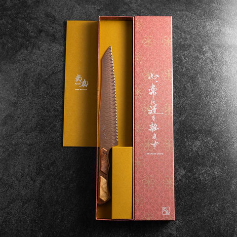 Kiritsuke Bread knife VG-10 Mirror Damascus Maple Handle 210mm - Brown (8.3”)-[Musashi]-[Japanese-Kitchen-Knives]