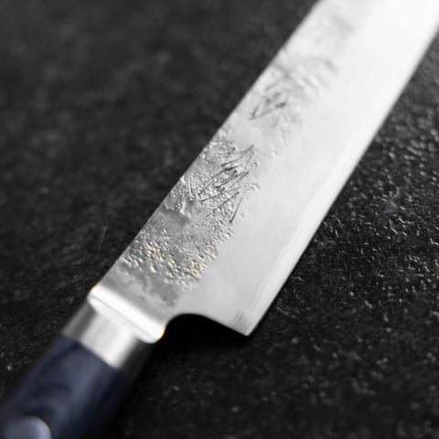 Kiritsuke Petty Blue Steel #2 Nashiji Stainless Clad Dark Blue Western Handle 140mm (5.5”)-[Musashi]-[Japanese-Kitchen-Knives]