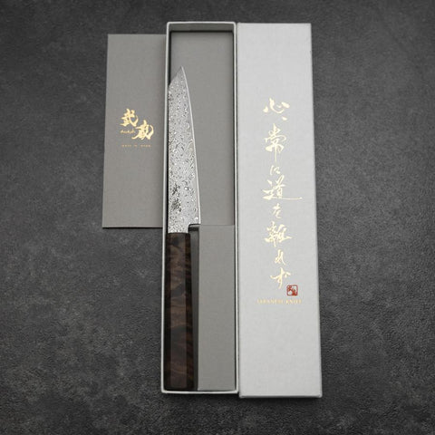Kiritsuke Petty VG-10 Damascus Brown Birch Handle 135mm (5.3”)-[Musashi]-[Japanese-Kitchen-Knives]