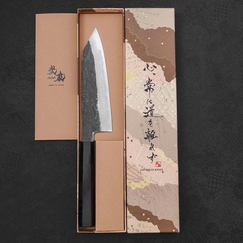 Kiritsuke Santoku Acero Azul #1 Kurouchi Suminagashi Mango de Ébano Búfalo 170mm