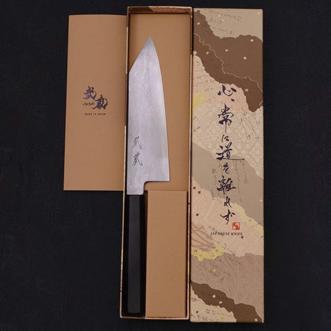 Kiritsuke Santoku Blue Steel #1 Suminagashi Mango de Ébano con Cuerno de Búfalo 170mm