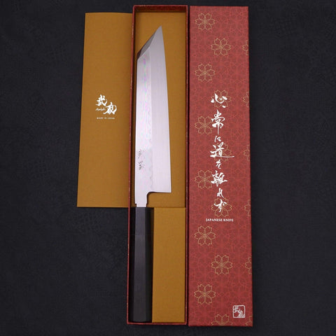 Kiritsuke White Steel #2 Acabado Espejo Honyaki Mango de Ébano con Cuerno de Búfalo 240mm