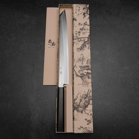 Kiritsuke Yanagiba Silver Steel #3 Kasumi Buffalo Ebony Handle 300mm (Sori) (11.8”)-[Musashi]-[Japanese-Kitchen-Knives]