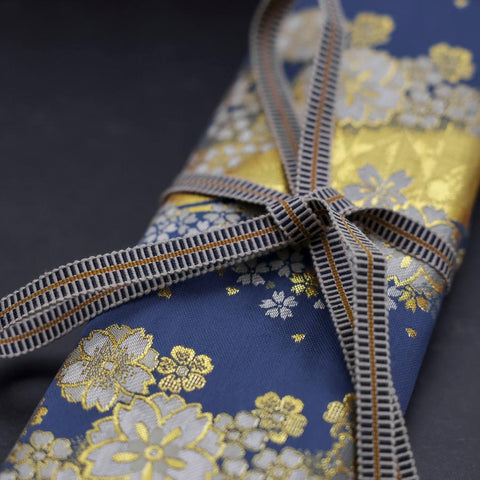 Musashi Japanese Style Kitchen Knife Roll Blue-Golden Sakura River 4 Pockets Handmade-[Musashi]-[Japanese-Kitchen-Knives]