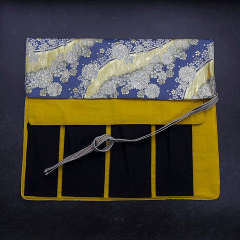 Musashi Japanese Style Kitchen Knife Roll Blue-Golden Sakura River 4 Pockets Handmade-[Musashi]-[Japanese-Kitchen-Knives]