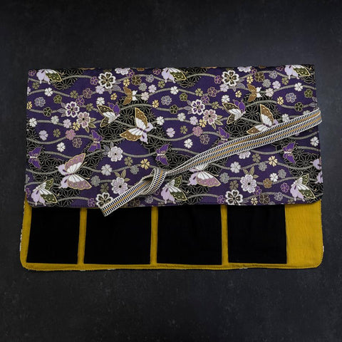 Musashi Japanese Style Kitchen Knife Roll Purple-Gold Butterfly&Sakura 4 Pockets Handmade-[Musashi]-[Japanese-Kitchen-Knives]