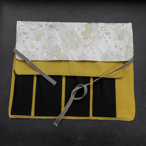 Musashi Japanese Style Kitchen Knife Roll White-Golden Phoenix 4 Pockets Handmade-[Musashi]-[Japanese-Kitchen-Knives]