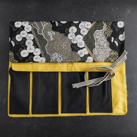 Musashi Japanese Style Kitchen Knife Roll Yamagata Kikkamon Black 4 Pockets Handmade-[Musashi]-[Japanese-Kitchen-Knives]