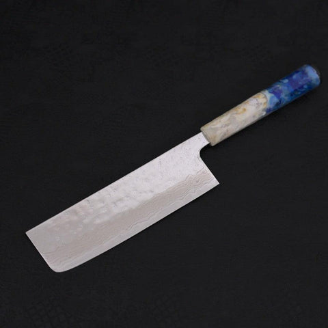 Nakiri AUS-10 Nashiji Damascus Ocean White Blue Handle 165mm (6.5”)-[Musashi]-[Japanese-Kitchen-Knives]