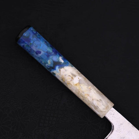 Nakiri AUS-10 Nashiji Damascus Ocean White Blue Handle 165mm (6.5”)-[Musashi]-[Japanese-Kitchen-Knives]