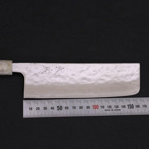 Nakiri AUS-10 Nashiji Damascus Ocean White Blue Handle 165mm (6.5”)-[Musashi]-[Japanese-Kitchen-Knives]