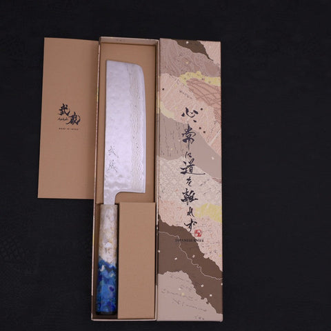 Nakiri AUS-10 Nashiji Damascus Ocean White Blue Handle 165mm (6.5”)-[Musashi]-[Japanese-Kitchen-Knives]