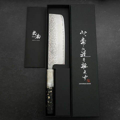Nakiri AUS-10 Tsuchime Damascus Ocean Black White Gold Handle 165mm-[Musashi]-[Japanese-Kitchen-Knives]