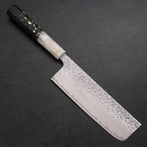 Nakiri AUS-10 Tsuchime Damascus Ocean Black White Gold Handle 165mm-[Musashi]-[Japanese-Kitchen-Knives]