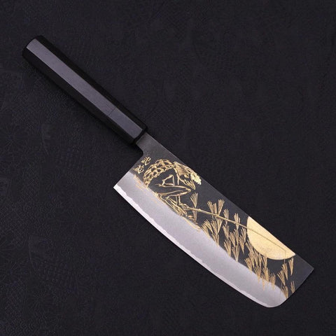Nakiri Blue Steel #2 Kurouchi Chokin Kappa Fishing Focus Buffalo Ebony Handle 165mm (6.5”)-[Musashi]-[Japanese-Kitchen-Knives]