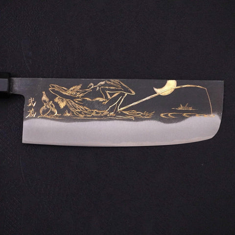Nakiri Blue Steel #2 Kurouchi Chokin Kappa Fishing Slipping Buffalo Ebony Handle 165mm (6.5”)-[Musashi]-[Japanese-Kitchen-Knives]