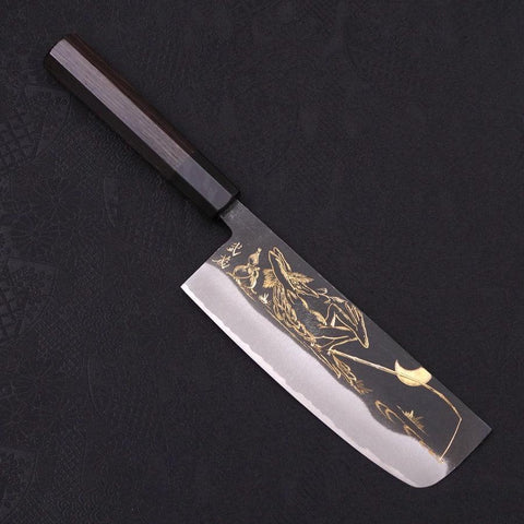 Nakiri Blue Steel #2 Kurouchi Chokin Kappa Fishing Slipping Buffalo Ebony Handle 165mm (6.5”)-[Musashi]-[Japanese-Kitchen-Knives]