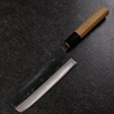 Nakiri Blue Steel #2 Kurouchi Damascus Buffalo Magnolia Handle 165mm (6.5”)-[Musashi]-[Japanese-Kitchen-Knives]