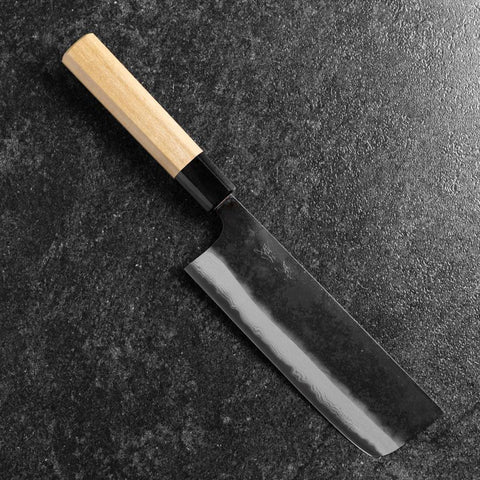 Nakiri Blue Steel #2 Kurouchi Damascus Buffalo Magnolia Handle 165mm (6.5”)-[Musashi]-[Japanese-Kitchen-Knives]