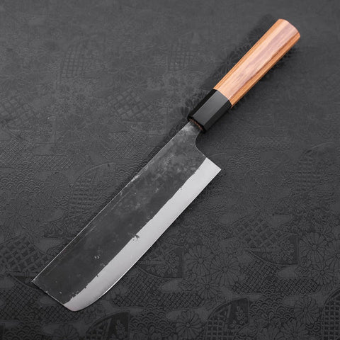 Nakiri Blue Steel #2 Kurouchi Buffalo Teak Handle 165mm-[Musashi]-[Japanese-Kitchen-Knives]