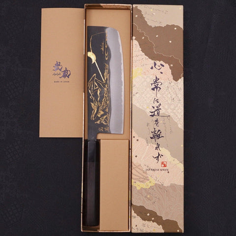 Nakiri Blue Steel #2 Kurouchi Chokin Kappa Fishing Slipping Buffalo Ebony Handle 165mm-[Musashi]-[Japanese-Kitchen-Knives]