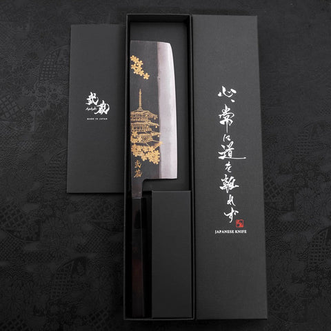 Nakiri Blue Steel #2 Kurouchi Chokin Sakura Five Story Pagoda Buffalo Ebony Handle 165mm-[Musashi]-[Japanese-Kitchen-Knives]