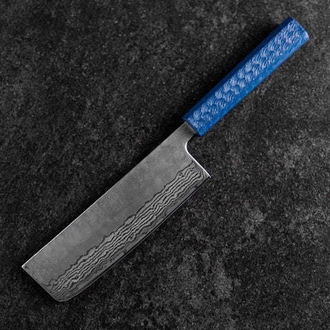 Nakiri Silver Steel #3 Nashiji Mirror Damascus Blue Urushi Handle 165mm (6.5”)-[Musashi]-[Japanese-Kitchen-Knives]