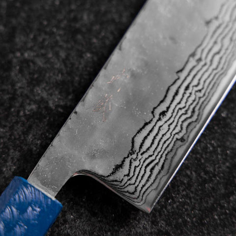 Nakiri Silver Steel #3 Nashiji Mirror Damascus Blue Urushi Handle 165mm-[Musashi]-[Japanese-Kitchen-Knives]