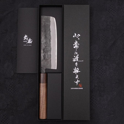 Nakiri Stainless Clad Blue Steel #2 Kurouchi Walnut Shitan Handle 165mm-[Musashi]-[Japanese-Kitchen-Knives]