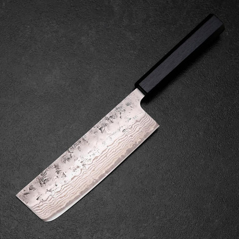 Nakiri Sweden Stainless Steel Nashiji Washi Damascus Blue Urushi Handle 165mm-[Musashi]-[Japanese-Kitchen-Knives]