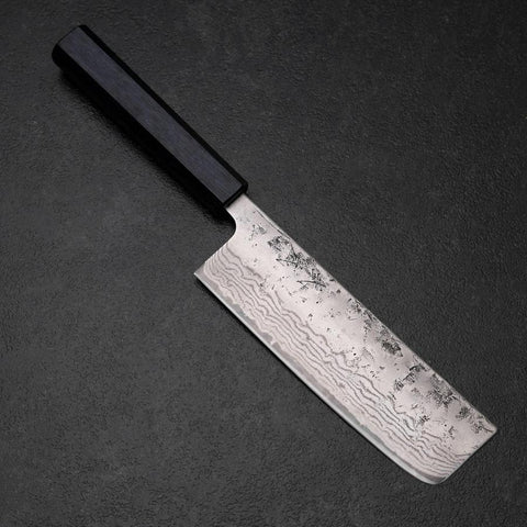 Nakiri Sweden Stainless Steel Nashiji Washi Damascus Blue Urushi Handle 165mm-[Musashi]-[Japanese-Kitchen-Knives]