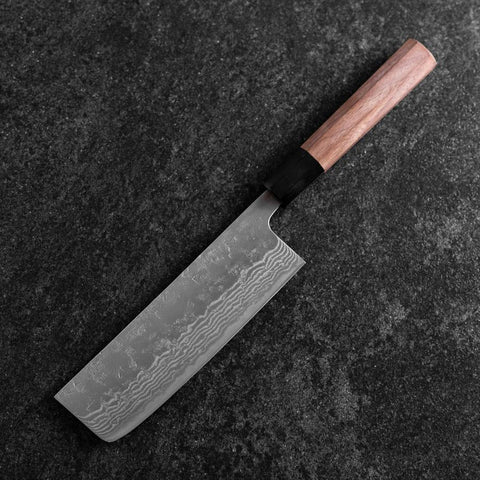 Nakiri Sweden Stainless Steel Nashiji Washi Damascus Buffalo Walnut Handle 165mm (6.5”)-[Musashi]-[Japanese-Kitchen-Knives]