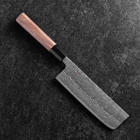 Nakiri Sweden Stainless Steel Nashiji Washi Damascus Buffalo Walnut Handle 165mm (6.5”)-[Musashi]-[Japanese-Kitchen-Knives]