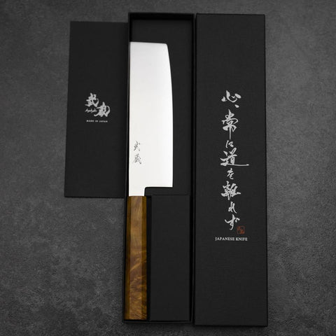 Nakiri VG-10 Damascus Yellow-Brown Birch Handle 170mm (6.7”)-[Musashi]-[Japanese-Kitchen-Knives]