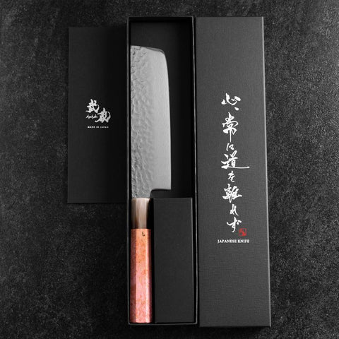 Nakiri VG-10 Tsuchime Damascus Buffalo Dark Pink Maple Handle 170mm (6.7”)-[Musashi]-[Japanese-Kitchen-Knives]