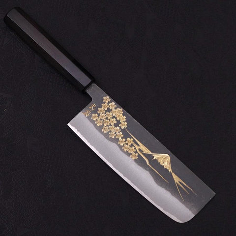Nakiri White Steel #2 Kurouchi Chokin Sakura-Fuji Buffalo Ebony Handle 165mm-[Musashi]-[Japanese-Kitchen-Knives]