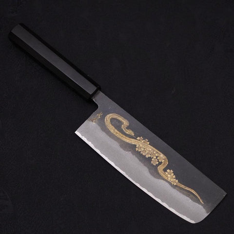 Nakiri White Steel #2 Kurouchi Chokin Snake-Sakura Buffalo Ebony Handle 165mm-[Musashi]-[Japanese-Kitchen-Knives]