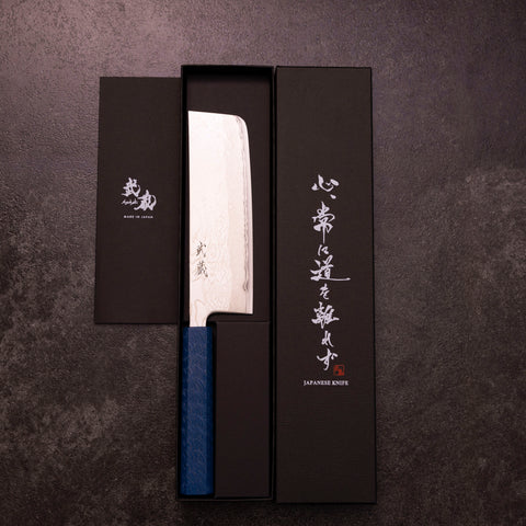 Nakiri AUS-10 Damascus Blue Urushi Handle 165mm-[Musashi]-[Japanese-Kitchen-Knives]