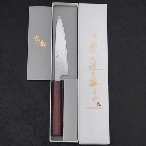 Petty AUS-10 Nashiji Damascus Urushi Purple Handle 135mm-[Musashi]-[Japanese-Kitchen-Knives]