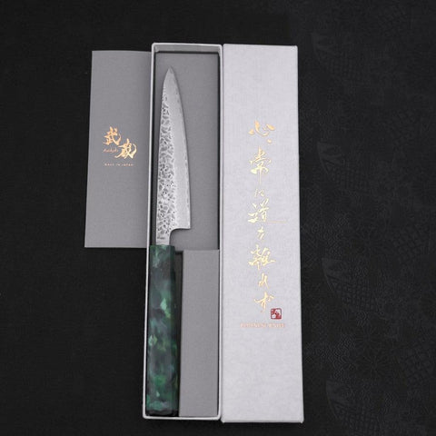 Petty AUS-10 Tsuchime Damascus Ocean Green Handle 135mm-[Musashi]-[Japanese-Kitchen-Knives]