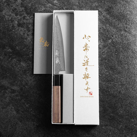 Petty AUS-10 Tsuchime Damascus Walnut Handle 150mm (5.9”)-[Musashi]-[Japanese-Kitchen-Knives]