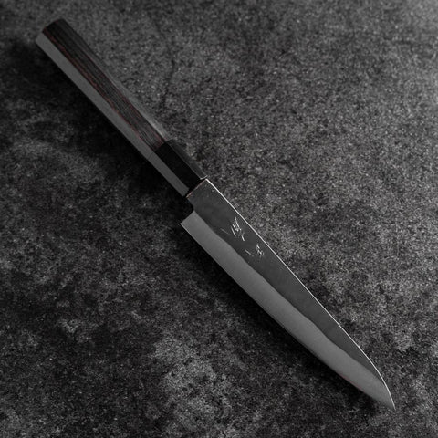 Petty Blue Steel #1 Stainless Clad Kurouchi Buffalo Ebony Handle 150mm-[Musashi]-[Japanese-Kitchen-Knives]