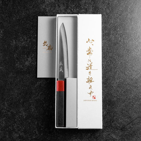 Petty Blue Steel #1 Stainless Clad Polished Red Black Urushi Handle 150mm (5.9”)-[Musashi]-[Japanese-Kitchen-Knives]