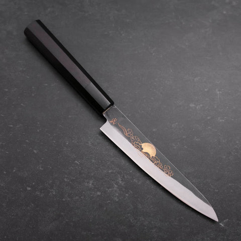 Petty Blue Steel #1 Kurouchi Chokin Auspicious Cloud-Sun Buffalo Ebony Handle 150mm-[Musashi]-[Japanese-Kitchen-Knives]