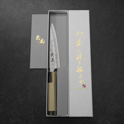 Petty Silver Steel #3 Nashiji Double Buffalo Capped Magnolia Handle 135mm (5.3”)-[Musashi]-[Japanese-Kitchen-Knives]